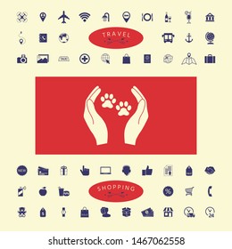Shelter pets sign icon. Hands holds paw symbol. Animal protection, elements for your design