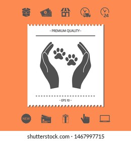 Shelter pets sign icon. Hands holds paw symbol. Animal protection, elements for your design