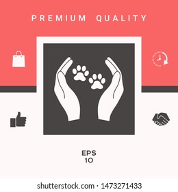 Shelter pets sign icon. Hands holds paw symbol. Animal protection, elements for your design