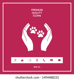 Shelter pets sign icon. Hands holds paw symbol. Animal protection, elements for your design