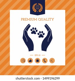 Shelter pets sign icon. Hands holds paw symbol. Animal protection, elements for your design