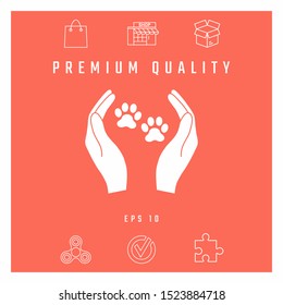 Shelter pets sign icon. Hands holds paw symbol. Animal protection, elements for your design