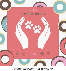 Shelter pets sign icon. Hands holds paw symbol. Animal protection, elements for your design