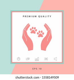 Shelter pets sign icon. Hands holds paw symbol. Animal protection, elements for your design