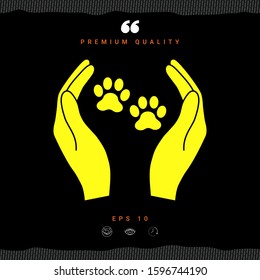 Shelter pets sign icon. Hands holds paw symbol. Animal protection, elements for your design