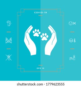 Shelter pets sign icon. Hands holds paw symbol. Animal protection, elements for your design