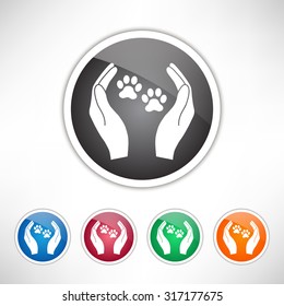 Shelter pets sign icon. Hands holds paw symbol. Animal protection. Set of colored icons.