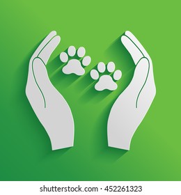 Shelter pets sign icon. Hands holds paw symbol. Animal protection.