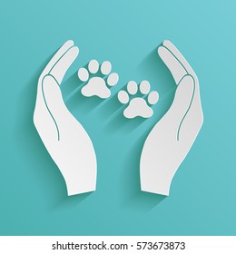 Shelter pets sign icon. Hands holds paw symbol. Animal protection