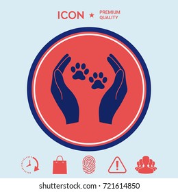 Shelter pets sign icon. Hands holds paw symbol. Animal protection