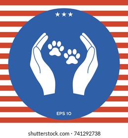 Shelter pets sign icon. Hands holds paw symbol. Animal protection