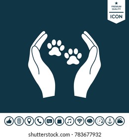 Shelter pets sign icon. Hands holds paw symbol. Animal protection