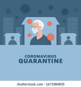 shelter in place. pandemic of coronavirus and social distancing. staying at home with self quarantine to stop outbreak and protect virus spread. older wearing medical mask and self isolation in home.