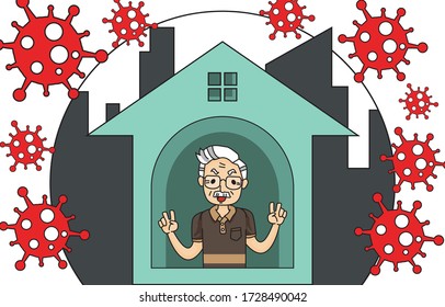 Shelter in place. Social distancing, pandemic of Covid-19. Staying at home with self quarantine to prevent and stop outbreak coronavirus spread. elderly man self isolation in home.Filled outline style