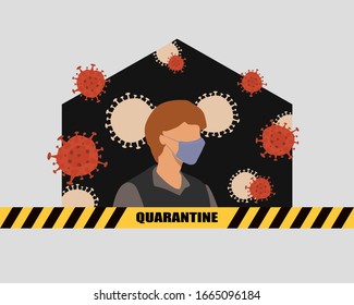 shelter in place. staying at home with self quarantine to help slow outbreak and protect virus spread. a man wearing medical mask and self isolation in his home with restricted area alert sign.