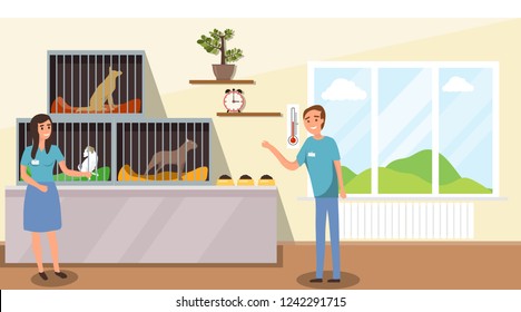 Shelter For Stray Dogs. A Man And A Woman Work In A Shelter For Homeless Animals. Cartoon Illustration Of An Animal Shelter.
