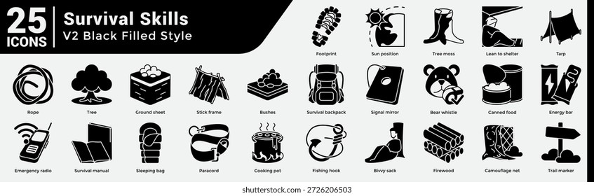 Abrigo Wilderness Skills Bundle inclui 25 ícones que cobrem a construção de abrigos, abastecimento de alimentos e equipamentos de emergência. Estilo de preenchimento preto.
