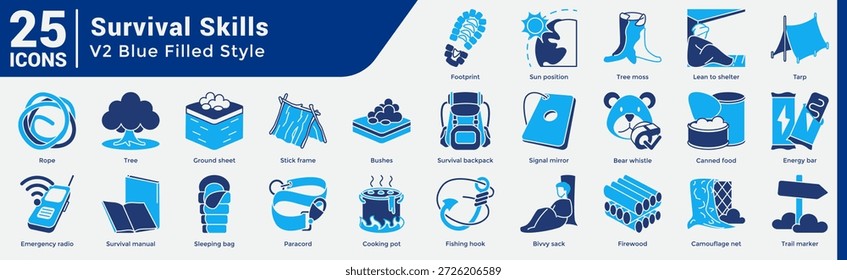 Shelter Wilderness Skills Bundle umfasst 25 Symbole, die den Bau von Unterkünften, die Beschaffung von Nahrungsmitteln und Notfallausrüstung abdecken. Blaue Linie.