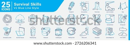 Shelter Wilderness Skills Bundle includes 25 icons covering shelter building, food sourcing, and emergency gear. Dualtone style.