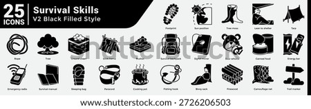 Shelter Wilderness Skills Bundle includes 25 icons covering shelter building, food sourcing, and emergency gear. Black Filled style.