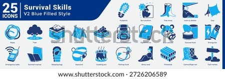 Shelter Wilderness Skills Bundle includes 25 icons covering shelter building, food sourcing, and emergency gear. Blue line style.