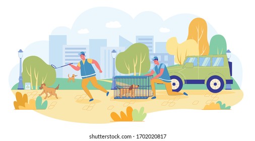 Shelter Workers Catch Stray Dogs in City Park. Men in Uniform Went Outside to Catch Dogs. One Stands at Cage next to Car, with Animal already Caught, and second Runs after another Dog.