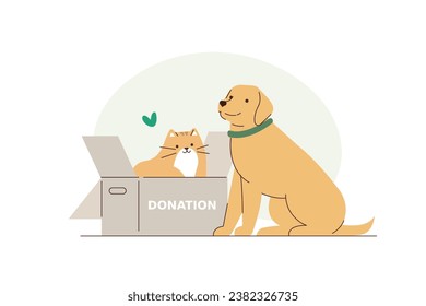 Animales protegidos, perros callejeros, gatos sin hogar cerca de la caja de caridad pidiendo apoyo, donación, recaudación de fondos. Adopción de mascotas, generosidad, concepto de amor. Ilustración vectorial plana 