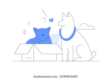 Animais abrigados, cães vadios e gatos sem teto, caixa de caridade, doação ou captação de recursos. Adoção de animais, generosidade, conceito de amor. Ilustração plana de vetor de desenhos animados, ícone. Abstrato estiloso