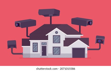 Sheltering house with many cameras, excessive protection. Street CCTV, outdoor bullet, closed circuit television system equipment. Home, office security control. Vector flat style cartoon illustration