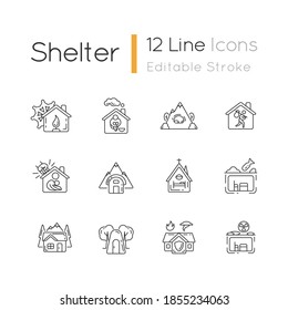 Shelters types linear icons set. Building. Safety and retreat place. Transitional shelter. Customizable thin line contour symbols. Isolated vector outline illustrations. Editable stroke