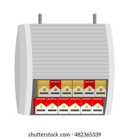 Shelve With Cigarettes Packs Vector Illustration. Flat Style. Box With Protective Shutters In Grocery Store. 