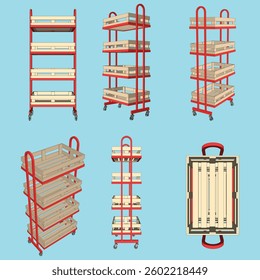 Shelves in 6-side view on blue background.