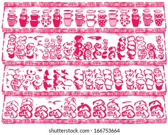 shelves with baking cups and drinks on white background