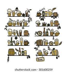 Shelves with beer icons, sketch for your design. Vector illustration