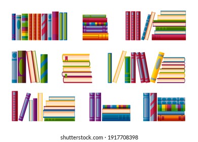 Shelves with book piles. Big set for bookstore shelves in cartoon style. Vector illustration on white background