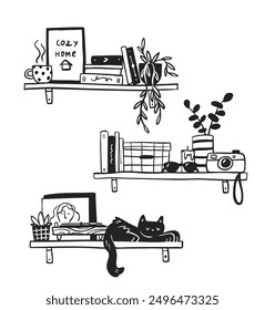 Shelves with books, box, cat, mug. Hand-drawn vector illustration