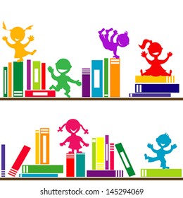 Shelves With Books And Kids Playing