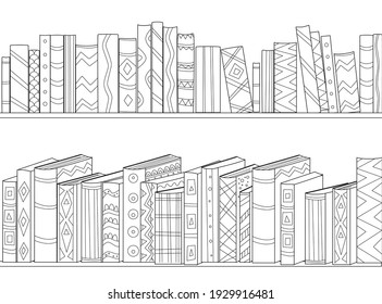 shelves of books with vintage book covers for your coloring page