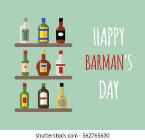 shelves with bottles of different alcoholic drinks and beverases. card for world barman's day. flat style. vector eps-10