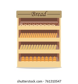Shelves with bread with bread, shop window with bread. Selling bread. Flat design, vector illustration, vector.