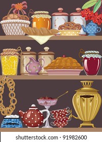 Shelves of a buffet with jars of homemade jams, bakery, teapot, teacups and gold russian samovar