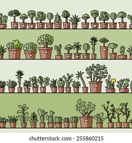 Shelves with cactus in pots, seamless pattern design. Vector illustration