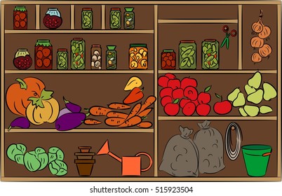 Shelves of canned goods and vegetables 