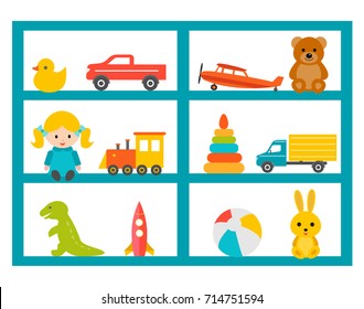Shelves with children toys set, vector illustration. Kindergarten interior design element. Cabinet with different kids playthings.