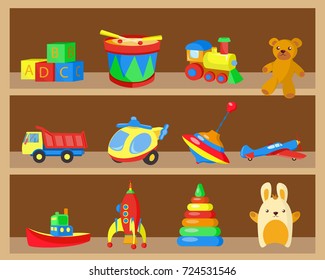 Estantes con juguetes para niños, ilustración vectorial. Los niños juegan en un armario de madera.