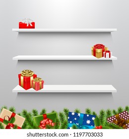 Regale mit Weihnachtsgeschenkbox mit Farbverlauf-Mesh, Vektorgrafik