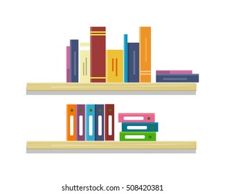 Shelves with colored books and folders in row. Colored folders with documents on shelves. Books in row. Furniture element for office and home interior. Isolated object on white background.