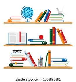 Shelves with colorful books, globe, glasses, apple, pencils and apple. Home library with literature. Vector bookshelf illustration isolated on white background.