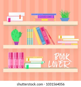 Shelves with colorful books and plants in flat design style.