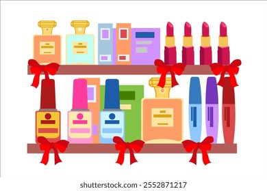 Shelves with cosmetics, cosmetics store. Vector simple color flat illustration.